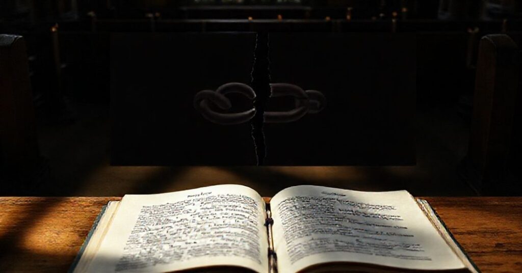 A solemn image of an empty cathedral pew with a broken link on a digital screen, symbolizing the doctrinal void of the conciliar revolution. A traditional Catholic missal lies open to a passage from Pius XI's Quas Primas.