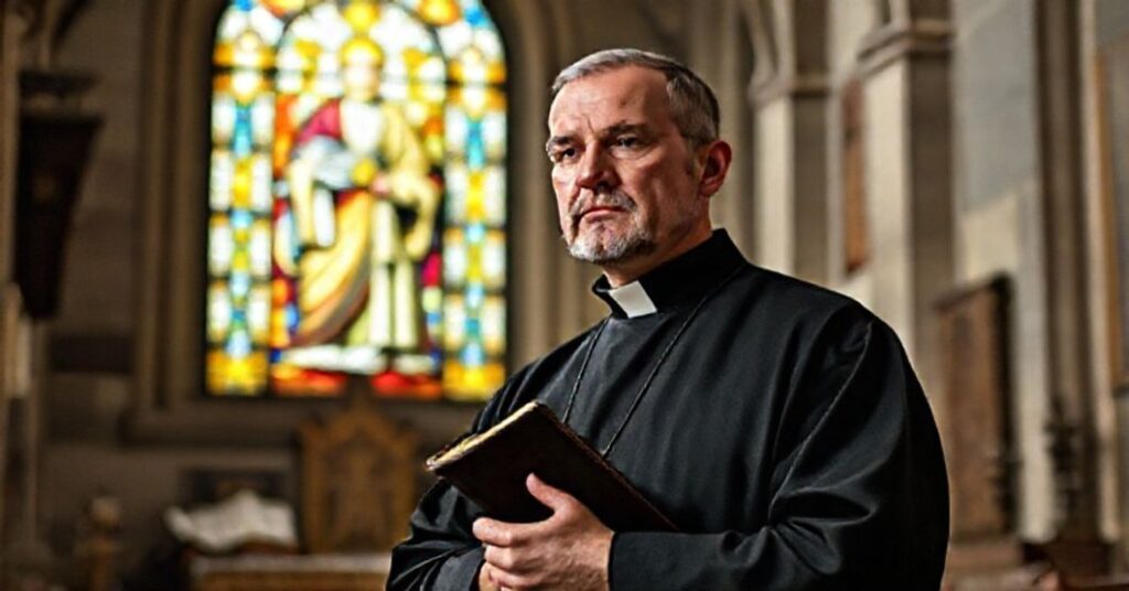 A traditional Dominican friar in a historic Roman church, holding a closed breviary, with St. Dominic depicted in a stained-glass window behind him.