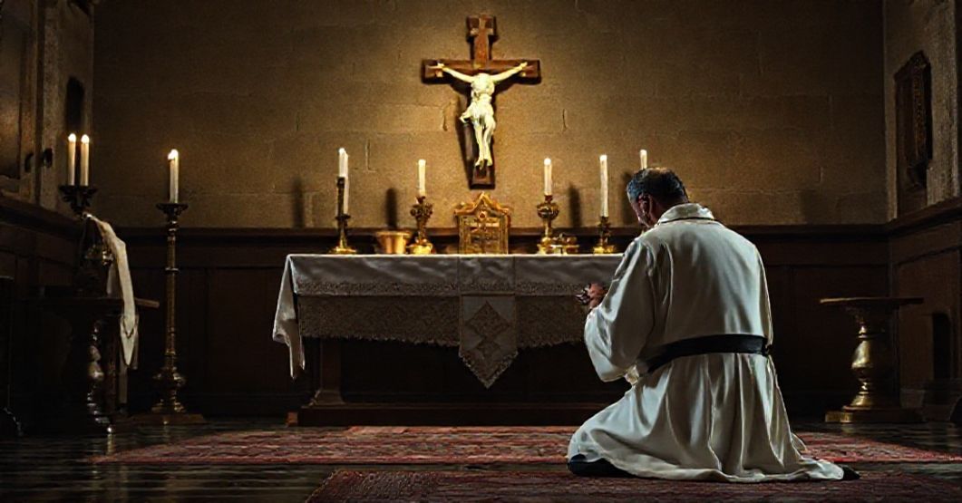 A Dominican friar kneeling in prayer before an ancient altar with a crucifix and liturgical vessels, bathed in reverent light.
