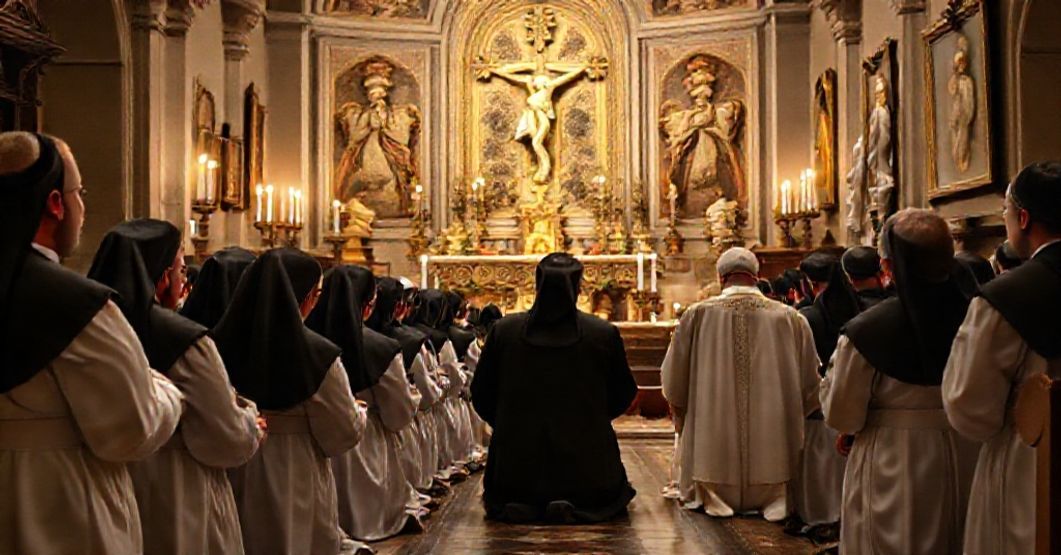 Dominican friars in a traditional chapel listening to an allocution by John XXIII, emphasizing the contrast between traditional Catholic values and modernist agenda.