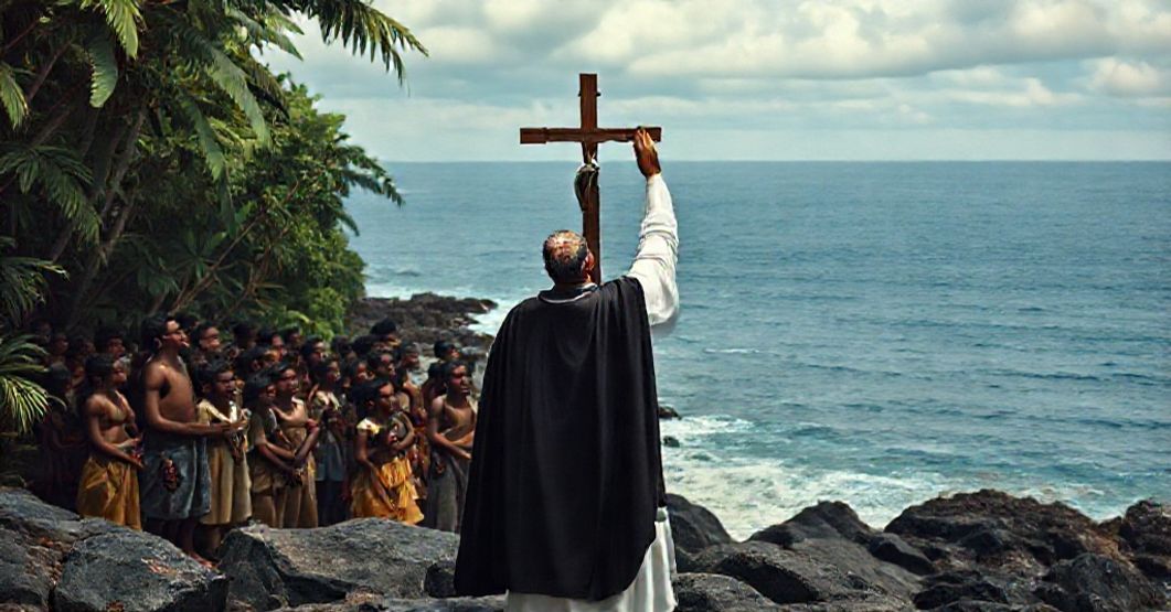 A Dominican priest in traditional habit stands on a rocky shore in the Solomon Islands, holding a crucifix aloft as native Islanders gather in reverence.