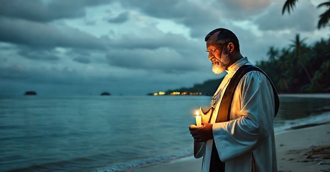 Dominican priest in traditional habit praying on the shore of the Solomon Islands at night, symbolizing pre-conciliar Catholic mission work.