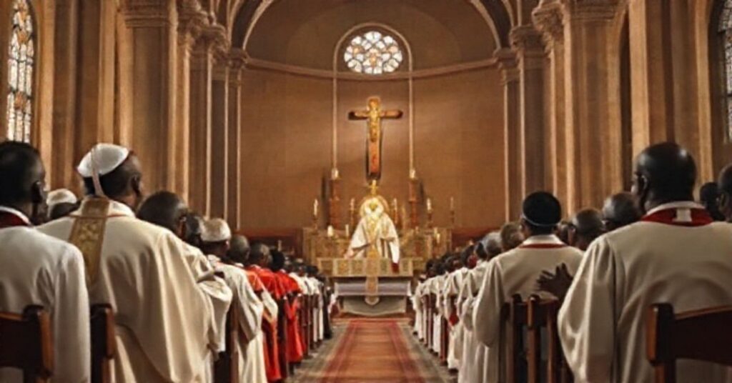 Traditional Catholic Mass in an African cathedral, symbolizing the establishment of ecclesiastical provinces in Rhodesiae Septemtrionalis and Nyassaland in 1959.