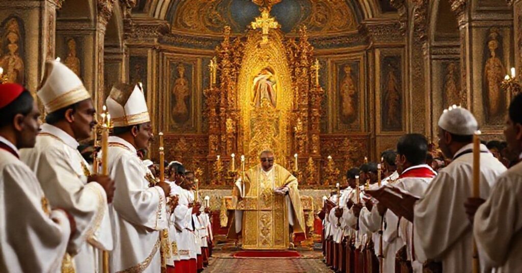 A solemn liturgical ceremony in a grand Byzantine-inspired church marking the elevation of Changanacherry to a metropolitan archdiocese in 1959.