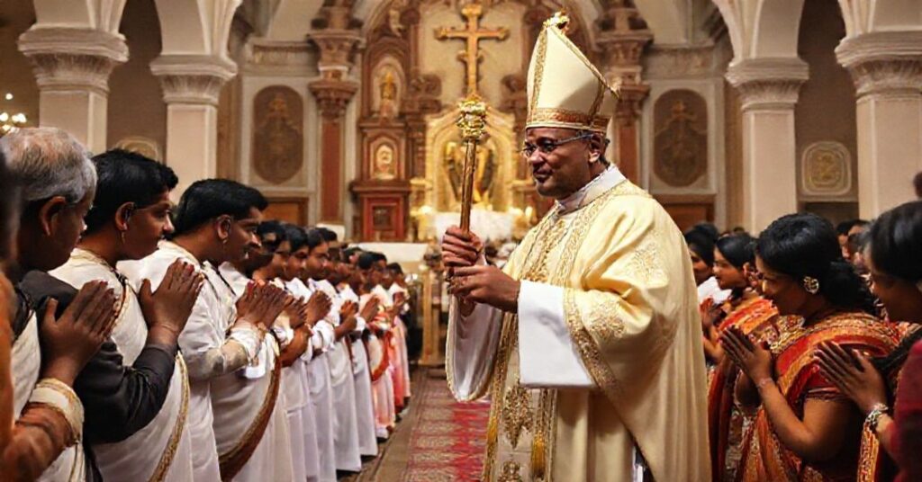 A sedevacantist bishop in traditional garb elevates the Syro-Malabar Diocese of Changanacherry to an archdiocese, surrounded by faithful in prayer and a historic church in the background.