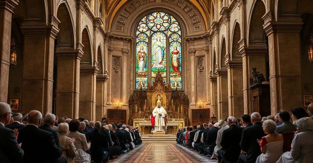 A reverent depiction of the historic Church of the Blessed Virgin Mary in Guadalajara, Spain, during its elevation to concathedral status by a bishop in traditional liturgical regalia.