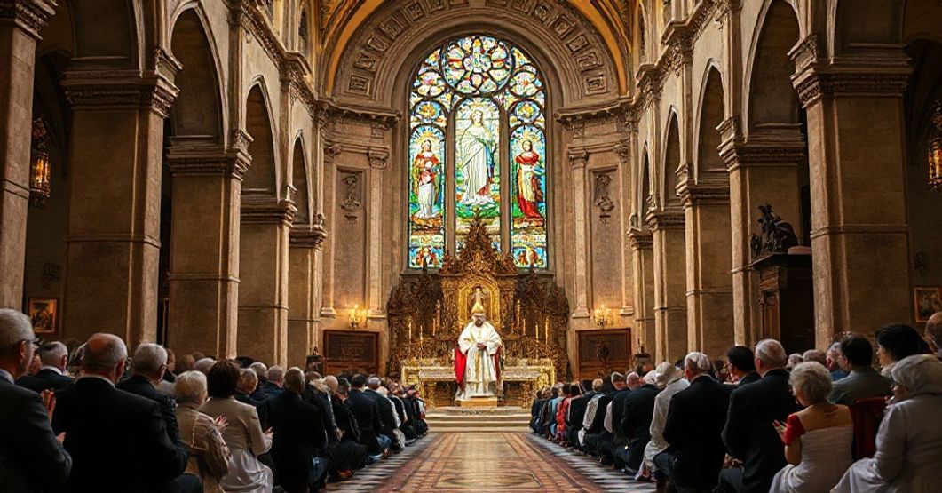 A reverent depiction of the historic Church of the Blessed Virgin Mary in Guadalajara, Spain, during its elevation to concathedral status by a bishop in traditional liturgical regalia.