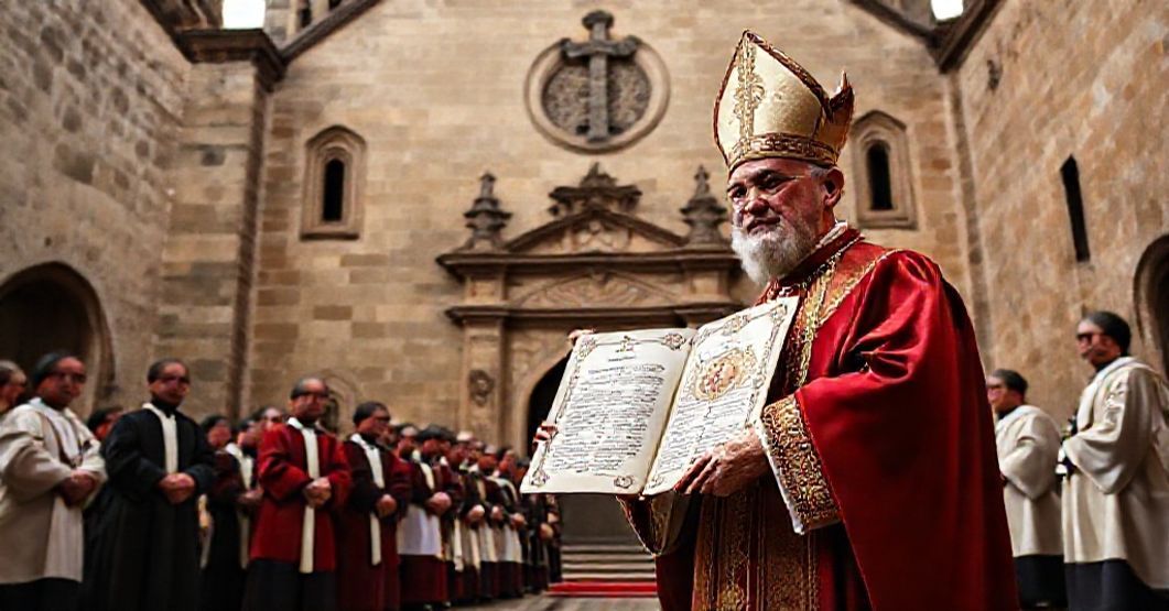 A traditional Catholic scene of a bishop promulgating a decree elevating the Church of 'de la Redonda' in Logroño to concathedral status, surrounded by clergy in solemn ceremony.