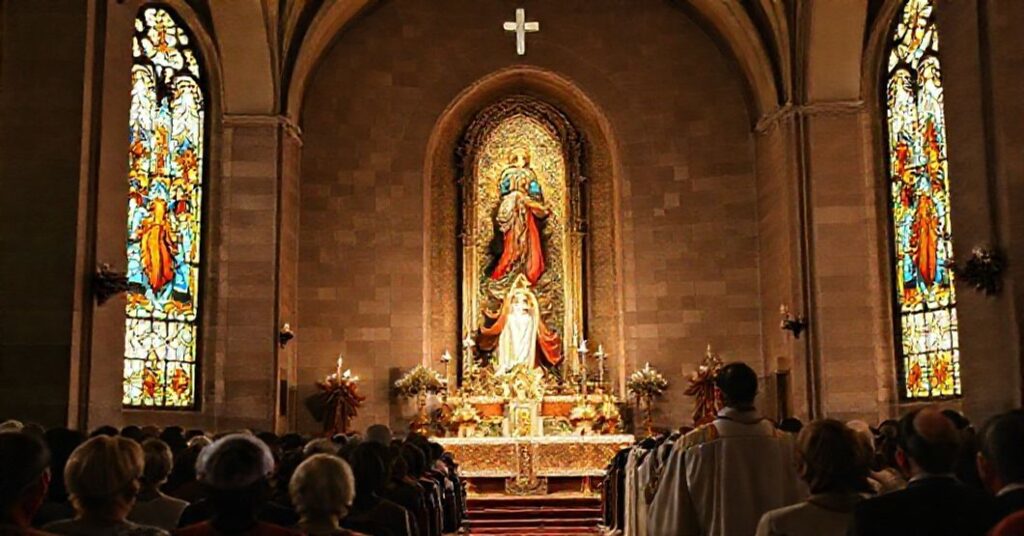 A solemn Catholic image depicting the 1959 elevation of Nuestra Señora de la Consolación shrine in Táriba, Venezuela, to a minor basilica by John XXIII. Traditional Catholic symbolism and piety are emphasized.