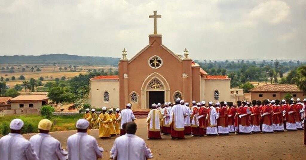 Immaculate Heart of Mary Cathedral in N'Zérékoré, Guinea, elevated to a diocese in 1959, with Missionaries of Africa in procession.