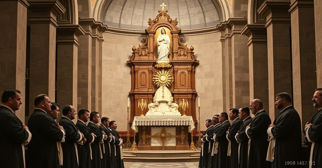 A reverent depiction of the historic church of the Blessed Virgin Mary in Vigo, elevated to a concatedral in 1959 under John XXIII. The image reflects traditional Catholic architecture and ecclesiastical hierarchy.