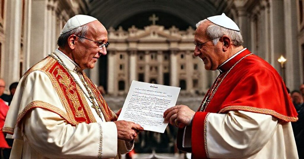 Image of Pope John XXIII and Cardinal Amleto Giovanni Cicognani exchanging a congratulatory letter with the Vatican in the background, symbolizing bureaucratic praise and doctrinal emptiness.