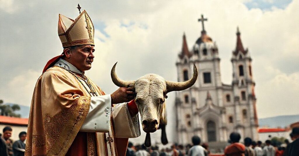 A solemn Catholic bishop holds the papal bull announcing the erection of the Diocese of Tlaxcala in 1959, with a backdrop of the historic Tlaxcala cathedral and Mexican landscape.