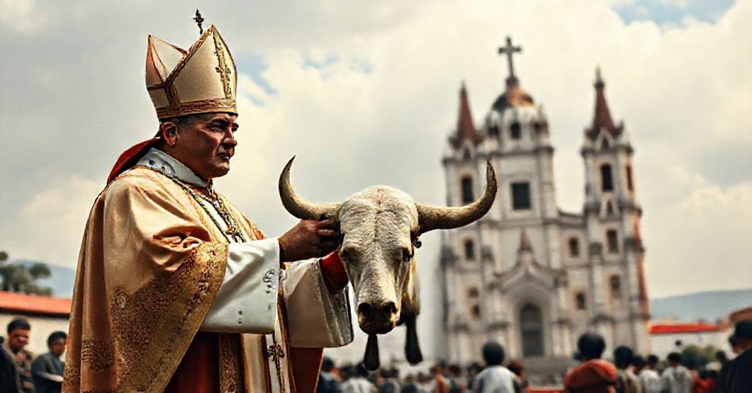 A solemn Catholic bishop holds the papal bull announcing the erection of the Diocese of Tlaxcala in 1959, with a backdrop of the historic Tlaxcala cathedral and Mexican landscape.