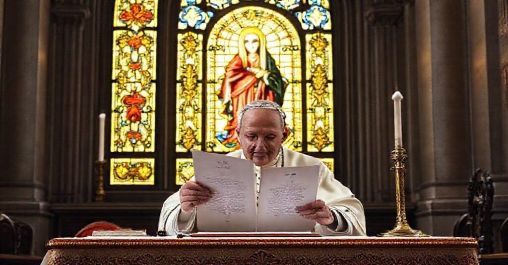 Image depicting Giovanni Roncalli (John XXIII) signing the Essendiae in urbe apostolic letter in a historic Essen sanctuary with a stained-glass window of the Blessed Virgin Mary.