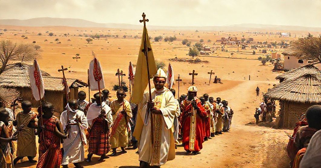 Archbishop Marcel Lefebvre leading a Catholic procession in Fada N'Gourma, surrounded by African faithful and Redemptorist missionaries.