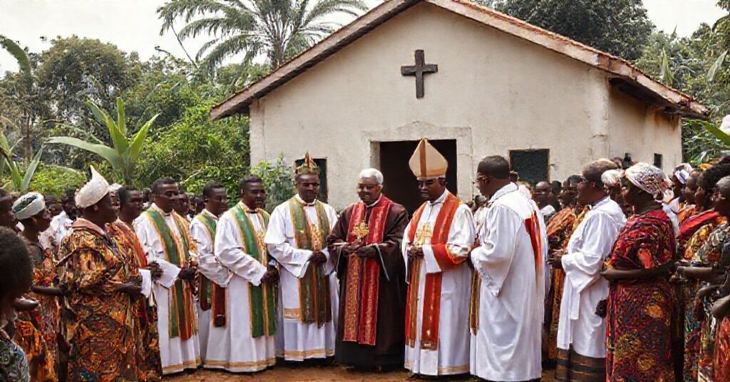 A solemn Catholic ceremony in 1950s Africa marking the establishment of the Apostolic Vicariate of Usumbura.