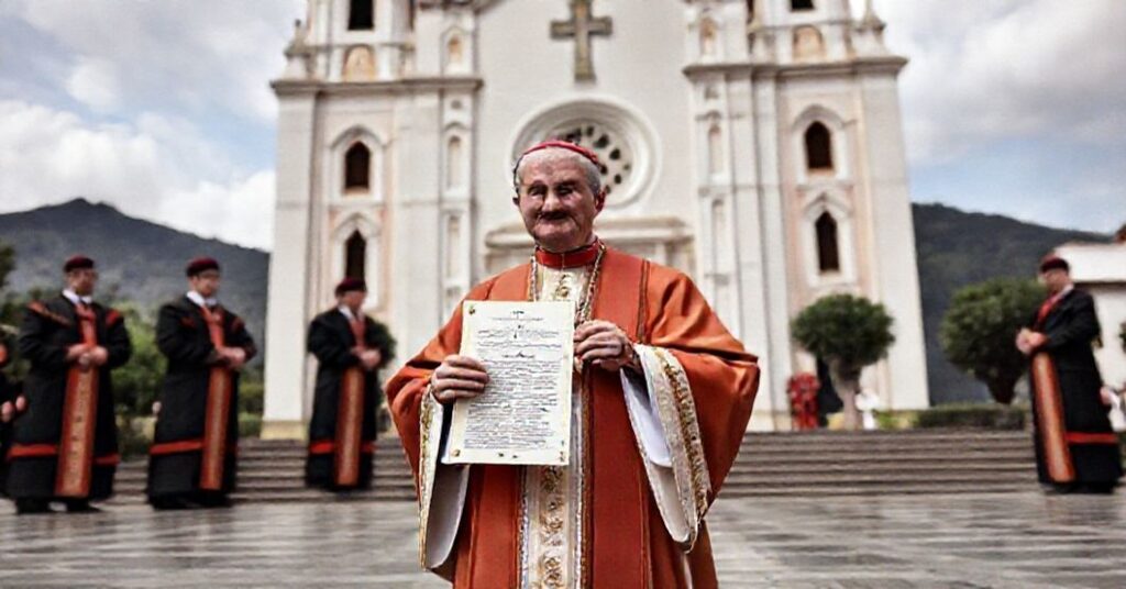 A Catholic bishop in traditional vestments holds a papal decree in front of the Cathedral of Our Lady of Guidance in Patos, Brazil, symbolizing the establishment of a new diocese in 1959.