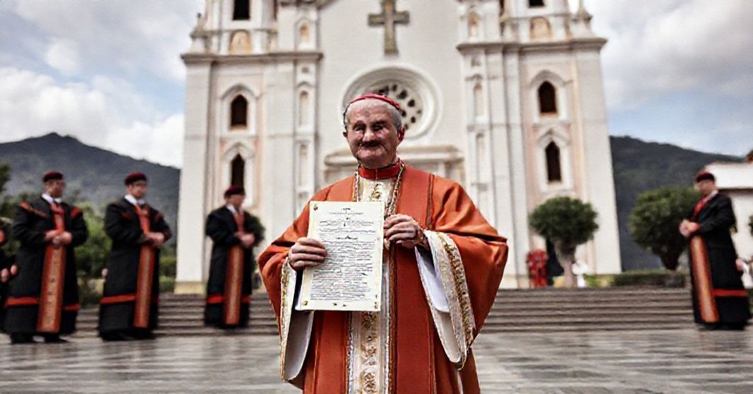 A Catholic bishop in traditional vestments holds a papal decree in front of the Cathedral of Our Lady of Guidance in Patos, Brazil, symbolizing the establishment of a new diocese in 1959.