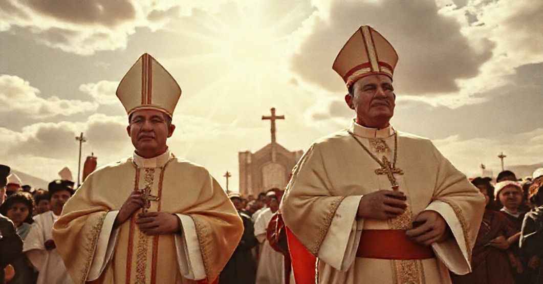 A reverent Catholic image of Bishop Aloisio Rodríguez Pardo and Cardinal Richard James Cushing leading a Eucharistic procession in Bolivia, 1961. The scene captures the solemnity of the National Eucharistic Congress with traditional Catholic iconography.