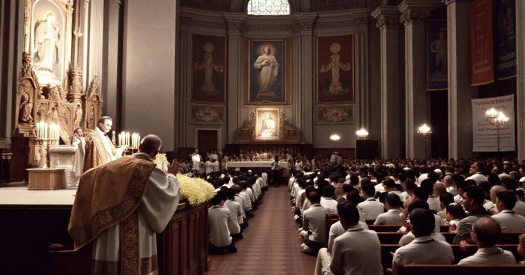 A solemn Eucharistic Congress in Guatemala in 1959 with Francis Spellman as papal legate, reflecting traditional Catholic devotion and reverence.