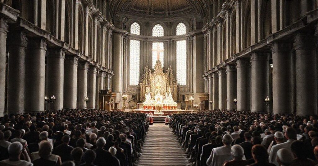 A solemn Eucharistic congress in Munich presided over by Cardinal Testa as legate of John XXIII, depicting traditional Catholic devotion with the Blessed Sacrament prominently displayed on the altar.
