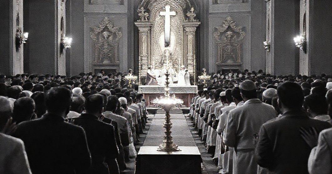 A solemn Eucharistic Congress in Santa Cruz de la Sierra, Bolivia, 1961. Devout Catholics kneel in prayer before the Blessed Sacrament, with Bishop Rodríguez Pardo and Cardinal Cushing presiding.