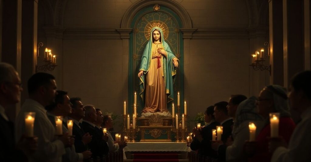 A group of clergy and laity praying solemnly in a traditional Catholic church before a statue of the Blessed Virgin Mary.