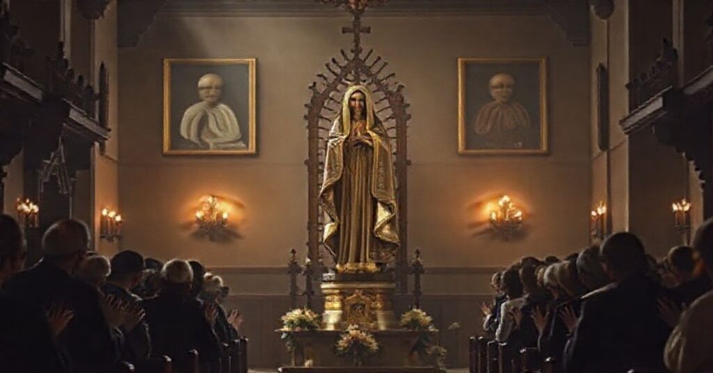 Reverent Catholic scene with Our Lady of the Rosary statue in a traditional chapel surrounded by praying faithful.