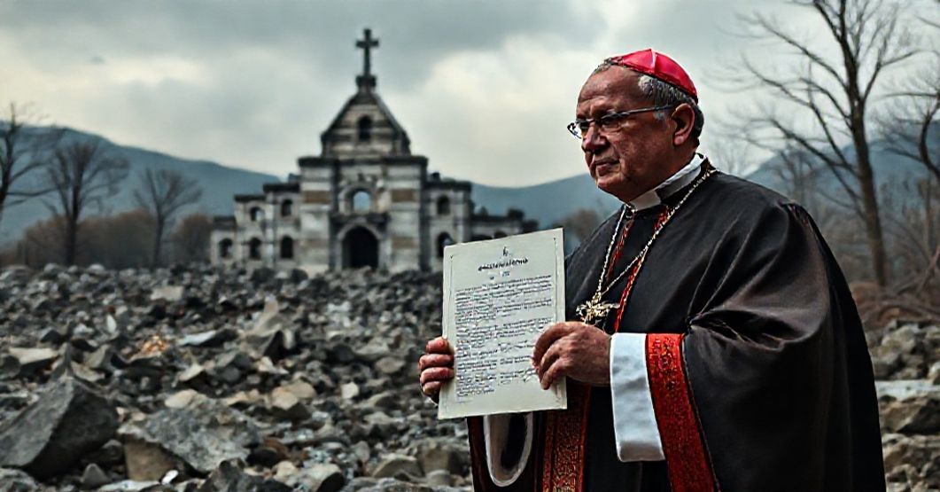 A Catholic bishop in traditional vestments stands solemnly before the ruins of Hiroshima, holding a document titled 'Hiroshimaensis,' with the Assumption Church in the background.