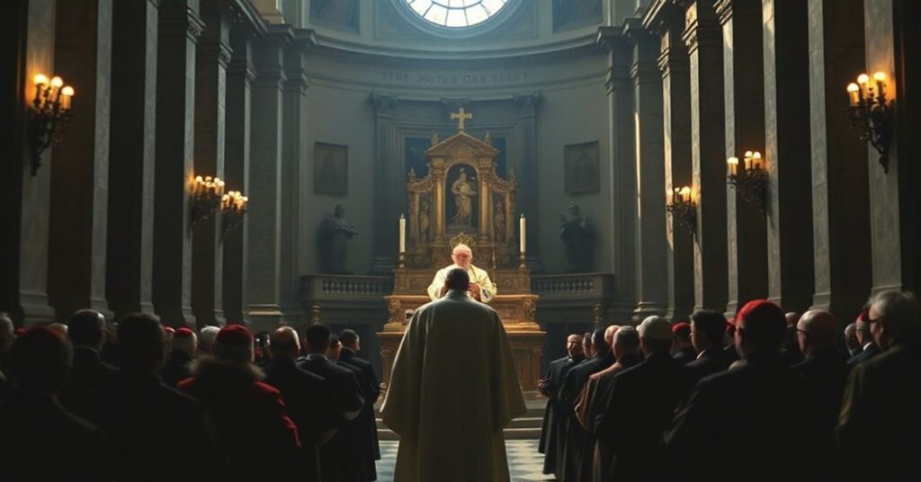 Image depicting false pope John XXIII addressing clergy in the Lateran Basilica, with a somber and foreboding atmosphere reflecting the theological subversion of his speech.