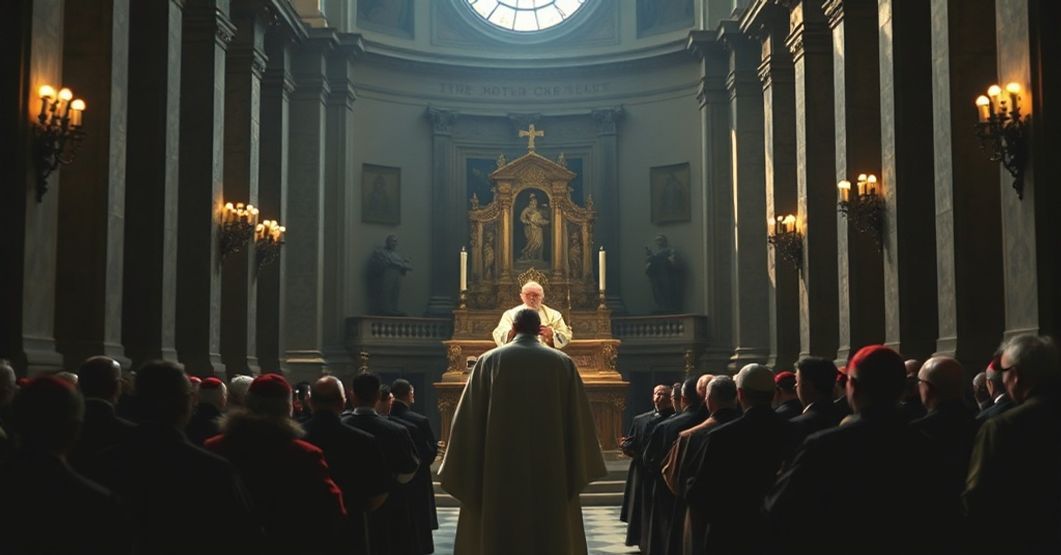 False Pope John XXIII's Allocution in the Lateran Basilica (1960) Image depicting false pope John XXIII addressing clergy in the Lateran Basilica, with a somber and foreboding atmosphere reflecting the theological subversion of his speech.