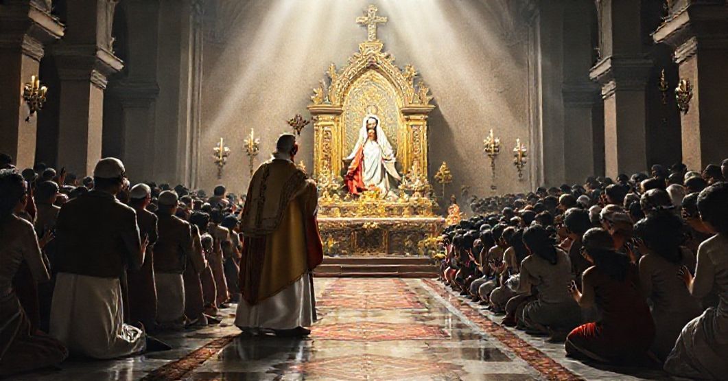 False Proclamation of Our Lady of Izamal by Antipope John XXIII A solemn depiction of the false proclamation of Our Lady of Izamal by antipope John XXIII in 1960, highlighting the deception and doctrinal betrayal.