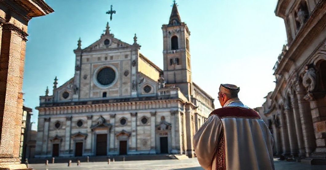 Ferrara Cathedral: A Symbol of Historic Faith and Theological Concerns A reverent image of the Ferrara Cathedral, showcasing its historic and artistic beauty with a traditional Catholic priest in contemplation.