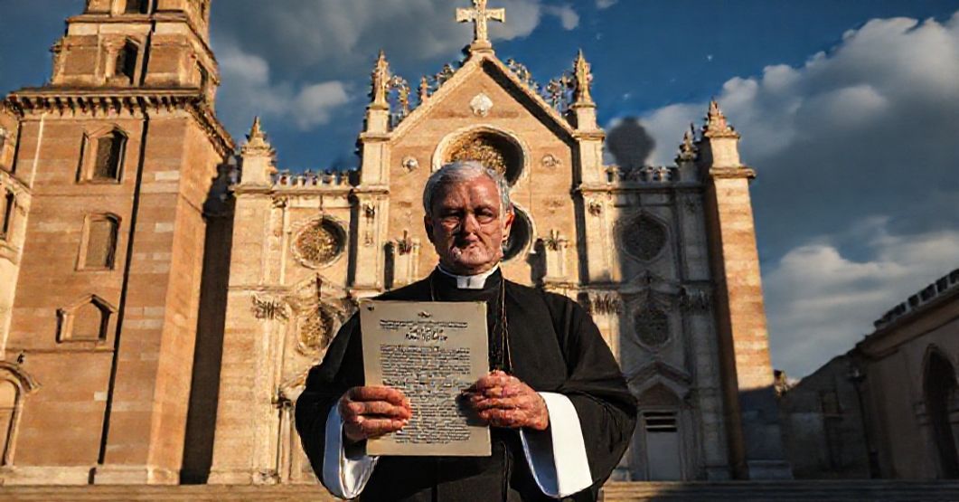 A solemn clergy member holds a Latin document titled 'Fidei Propagandae' before an ancient cathedral, symbolizing the tension between traditional Catholic missions and the conciliar revolution.