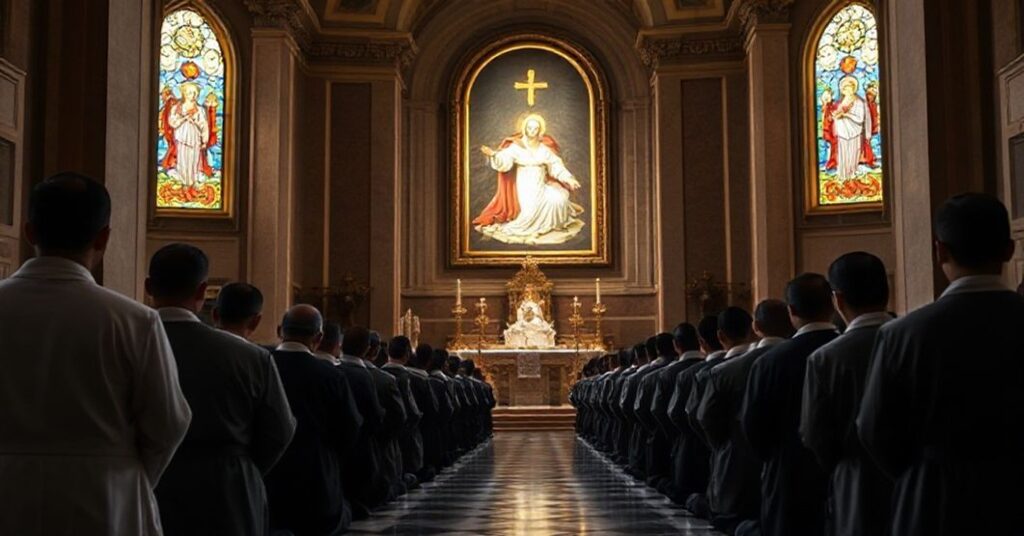 Filipino seminarians praying in a traditional Roman chapel, embodying fidelity to Catholic tradition amidst the conciliar revolution.