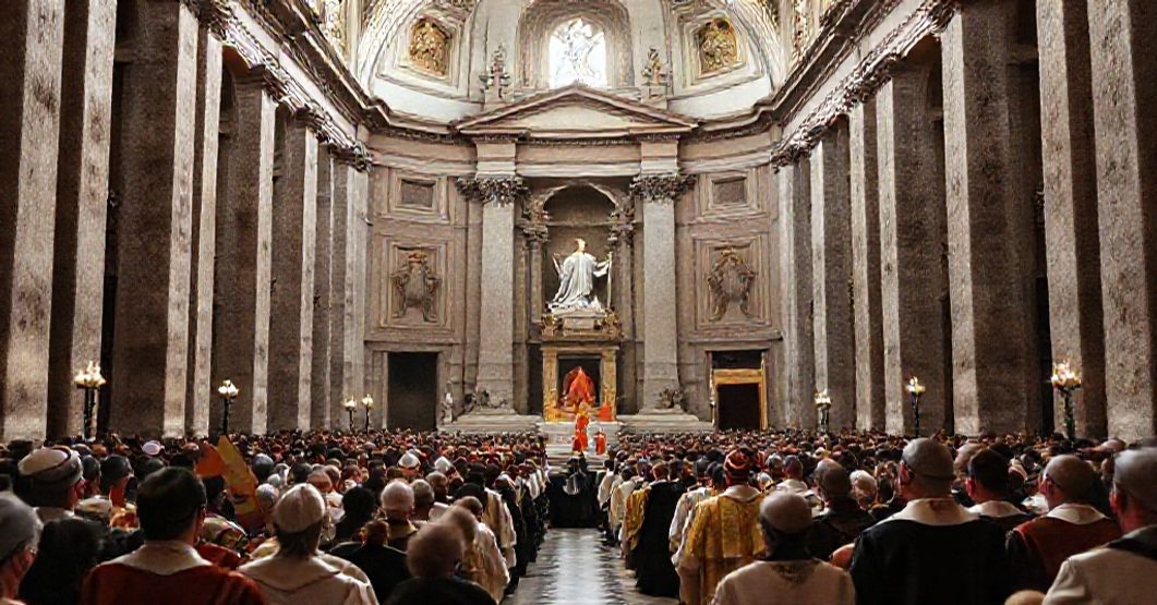 A solemn gathering of traditional Catholics in the Lateran Basilica for the First Roman Synod in 1960, invoking the Blessed Virgin Mary and saints.