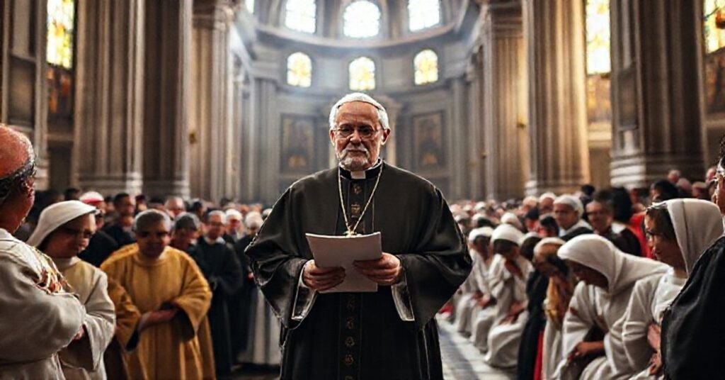 A reverent scene inside the Lateran Basilica depicting clerics and laity gathered for a solemn synod meeting.