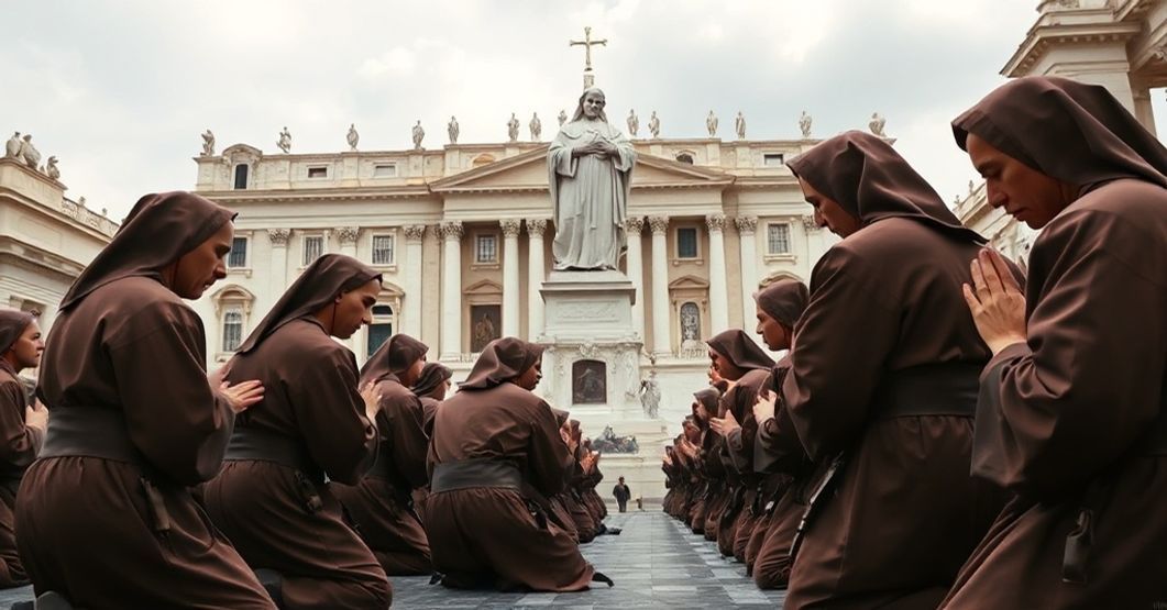 Franciscan friars in brown habits kneeling in prayer before a statue of St. Francis of Assisi with the Vatican in the background.