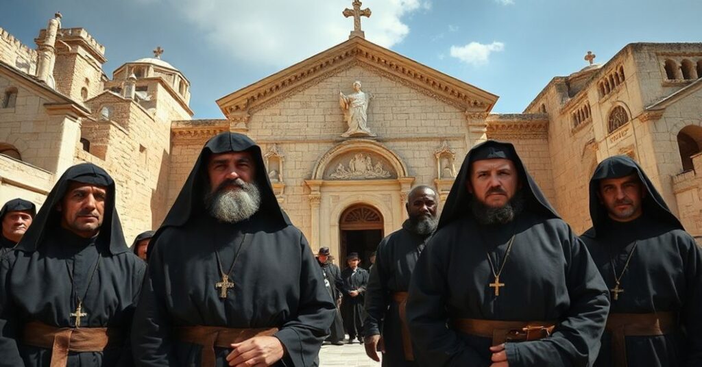 Franciscan friars standing reverently before the Church of the Holy Sepulchre in Jerusalem, emphasizing the sacred battleground for the Kingship of Christ.