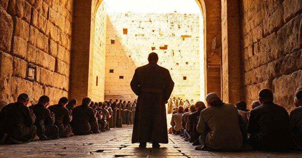 A devout Franciscan friar and pilgrims at the Church of the Holy Sepulchre in Jerusalem, highlighting the sacredness and historical importance of the Holy Places.