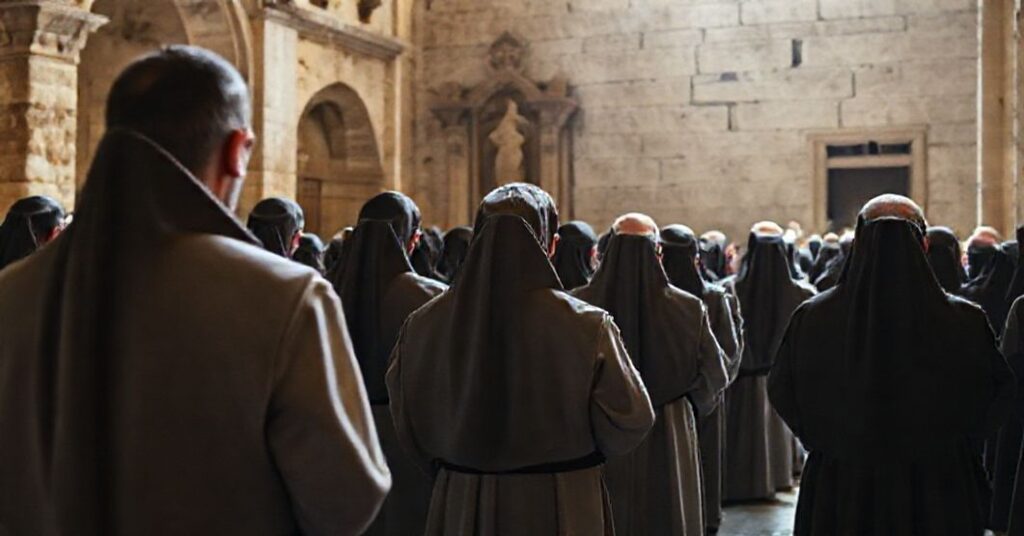 Franciscan friars in traditional habits praying at the Holy Sepulchre in Jerusalem, showcasing their historic role as custodians of the Holy Land.