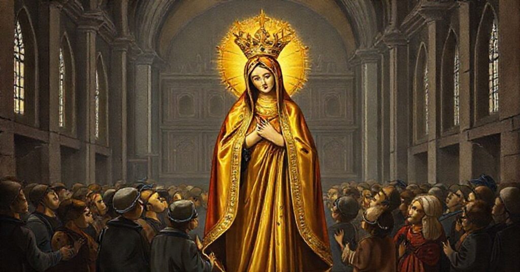 The Goldene Madonna (Our Golden Lady) of Essen depicted as the heavenly patroness of the diocese, with a medieval church in the background and people gathered in prayer.