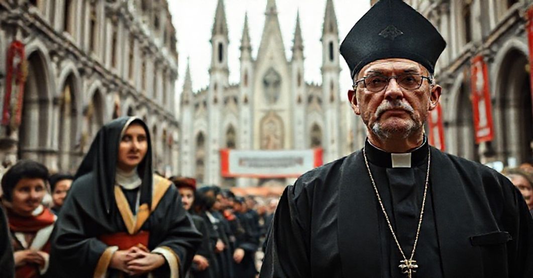 A solemn depiction of the 1962 Missionary Congress in Lyon, contrasting traditional Catholic martyrs with modernist conciliar figures.
