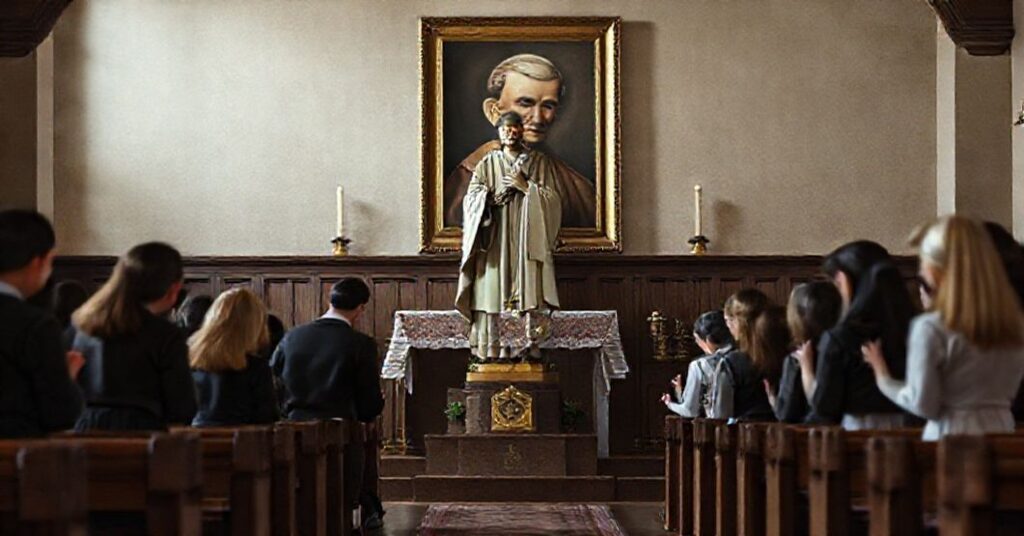 A traditional Catholic chapel with St. John Bosco's statue surrounded by young apprentices in prayer, reflecting the grave concerns about the shift from supernatural to anthropocentric values in Catholic doctrine.