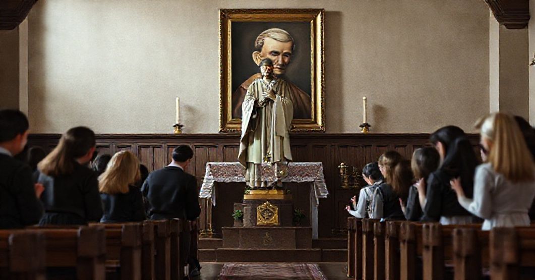 A traditional Catholic chapel with St. John Bosco's statue surrounded by young apprentices in prayer, reflecting the grave concerns about the shift from supernatural to anthropocentric values in Catholic doctrine.