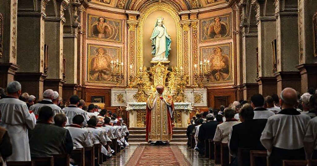 A reverent Catholic scene depicting the elevation of the Church of the Blessed Virgin Mary in Guadalajara to concathedra status, reflecting both tradition and foreboding doctrinal change.