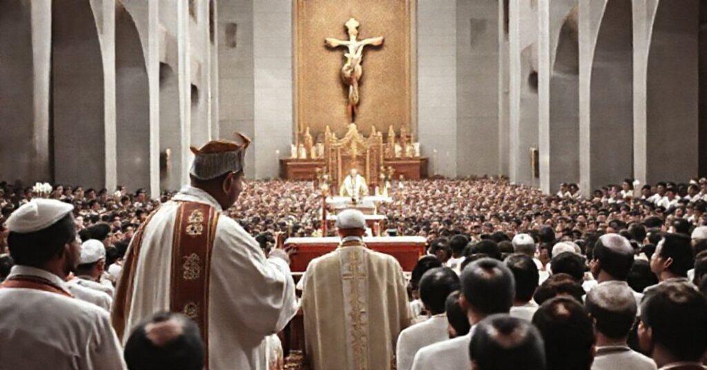 A solemn yet theologically deviant Guatemalan Eucharistic Congress in 1959, presided over by Francis Spellman, reflecting the neo-church's shift away from supernatural priorities.