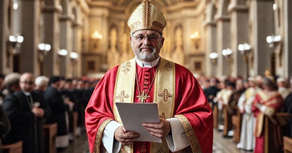 A solemn portrait of Bishop Jaime de Barros Câmara receiving a letter from antipope John XXIII in a grand Brazilian cathedral during a Eucharistic Congress.