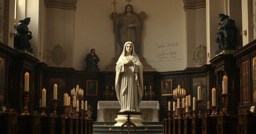 A somber depiction of Helena Guerra in a traditional Catholic church setting, surrounded by devotional artifacts and candles, with John XXIII's signature on the 'Renovans Faciem' document in the background.